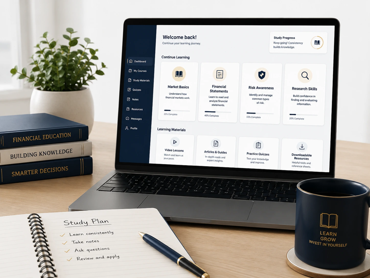 Learning workspace with laptop, notebook and coffee mug
